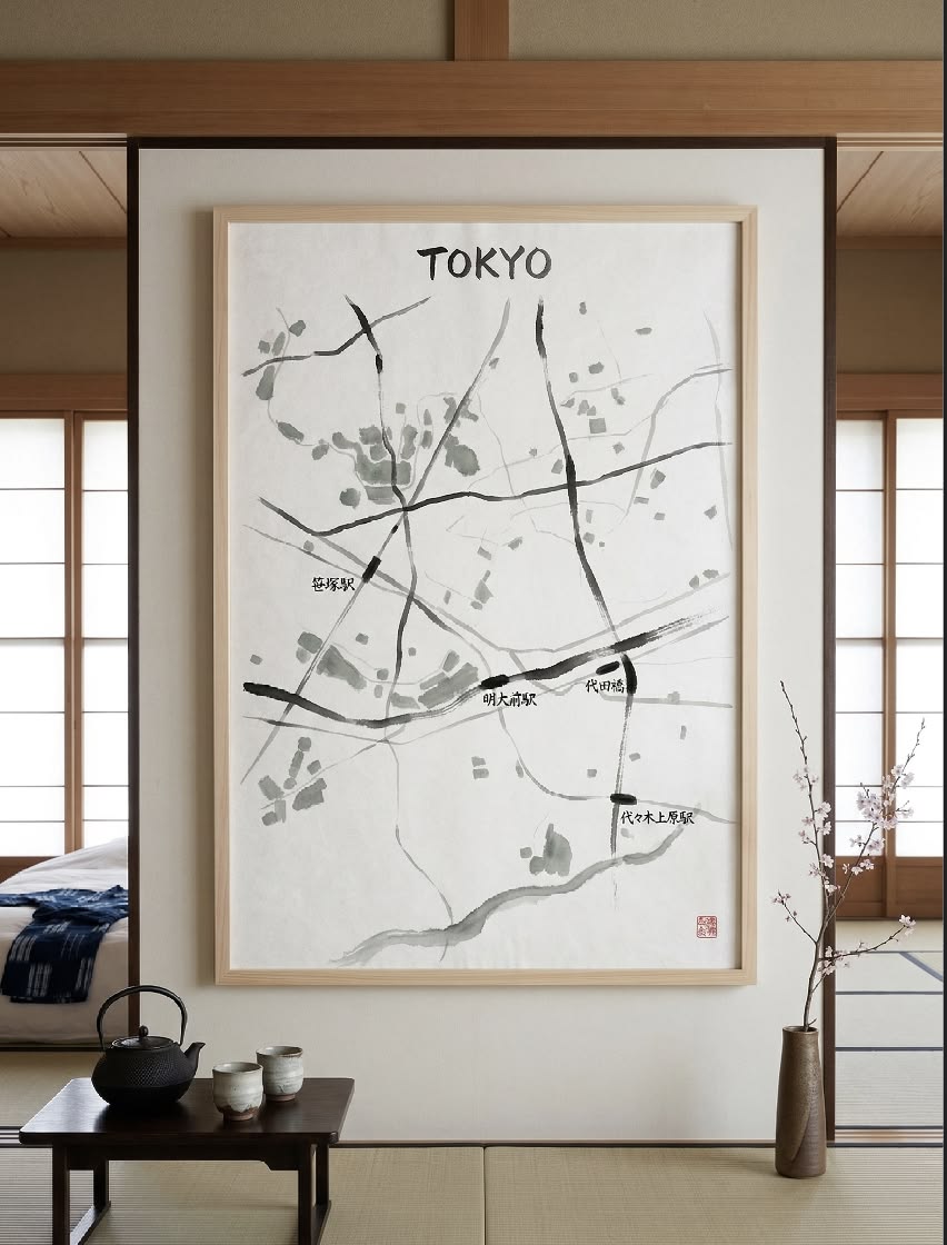 Tokyo Sumi-e Ink Wash map in Japanese Ryokan